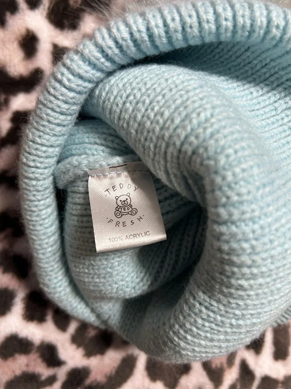 Teddy Fresh Light Blue Knit Double Pom Beanie with Bear Patch